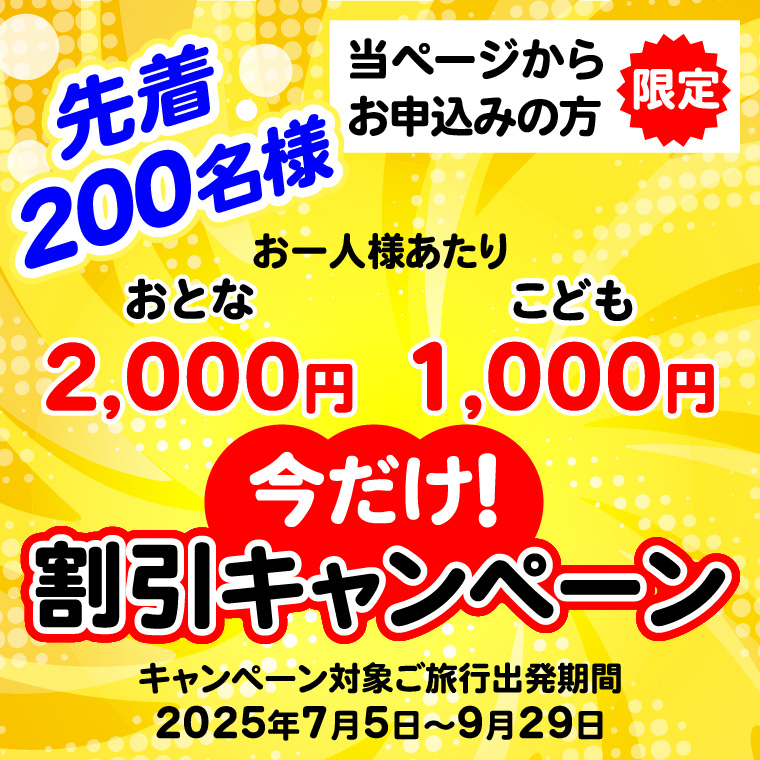 【先着１００名様】今だけ割引キャンペーン/お一人様あたりおとな2000円こども1000円割引 当ページで5月18日から5月22日にお申込みの方限定 キャンペーン対象ご旅行出発期間：2025年5月18日～2025年7月31日