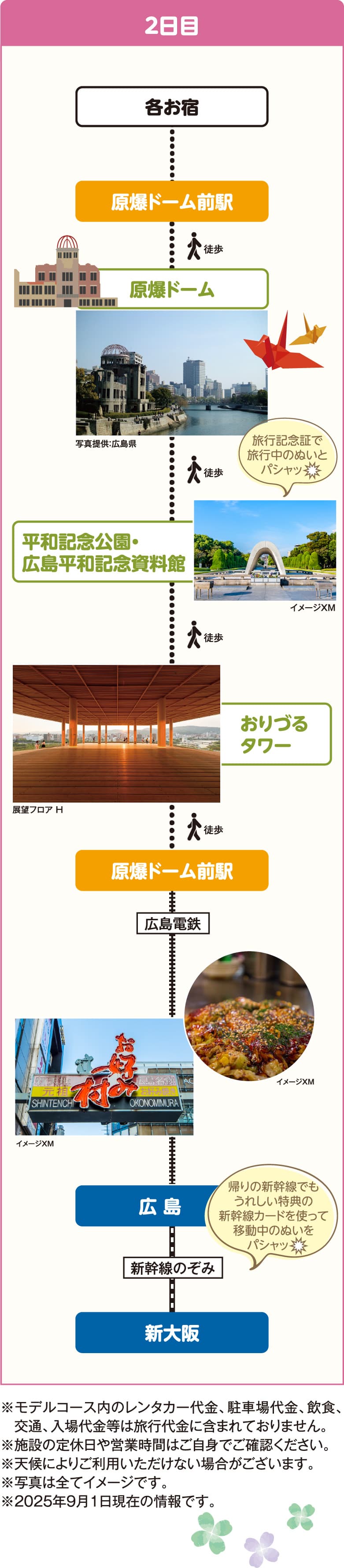 [広島2日目]各お宿～原爆ドーム前駅～原爆ドーム～平和記念公園・広島平和記念資料館～おりづるタワー～原爆ドーム前駅～広島～新大阪