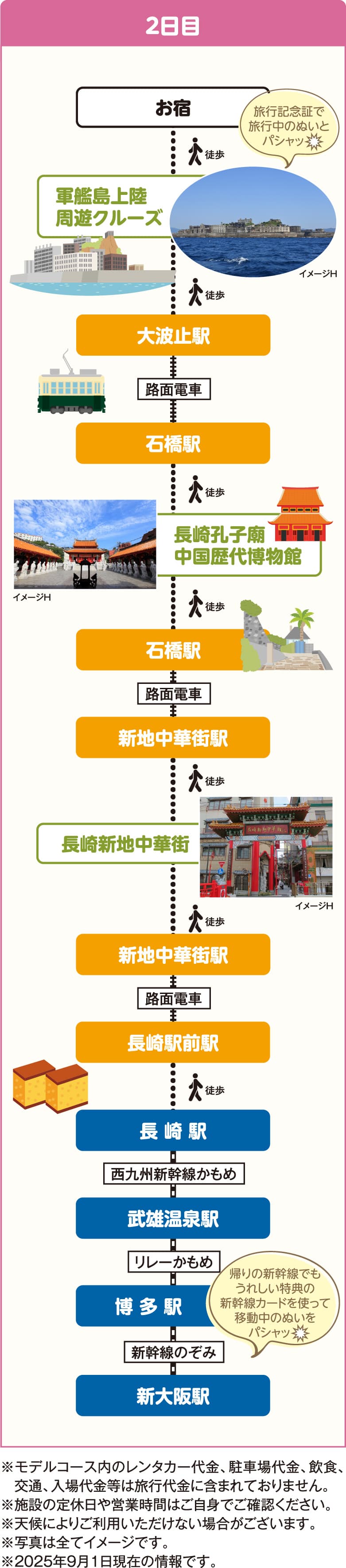 [長崎2日目]お宿～大波止駅～石橋駅～長崎孔子廟中国歴代博物館～石橋駅～新地中華街駅～長崎新地中華街～新地中華街駅～長崎駅前駅～長崎駅～武雄温泉駅～博多駅～新大阪駅