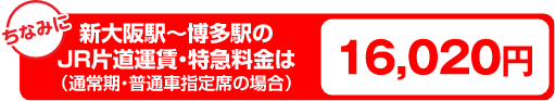 新大阪駅～博多駅のJR片道運賃・特急料金は（通常期・普通車指定席の場合）16,020円