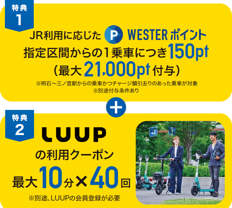 【特典1】JR利用に応じた指定区間からの1乗車につきWESTERポイント150pt(最大21,000pt付与)※三ノ宮～明石駅からの乗車かつチャージ額引去りのあった乗車が対象 ※別途付与条件あり、【特典2】LUUPの利用クーポン最大10分×40回 ※別途、LUUPの会員登録が必要