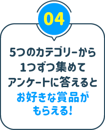 04：5つのカテゴリーから1つずつ集めてアンケートに答えるとお好きな賞品がもらえる!