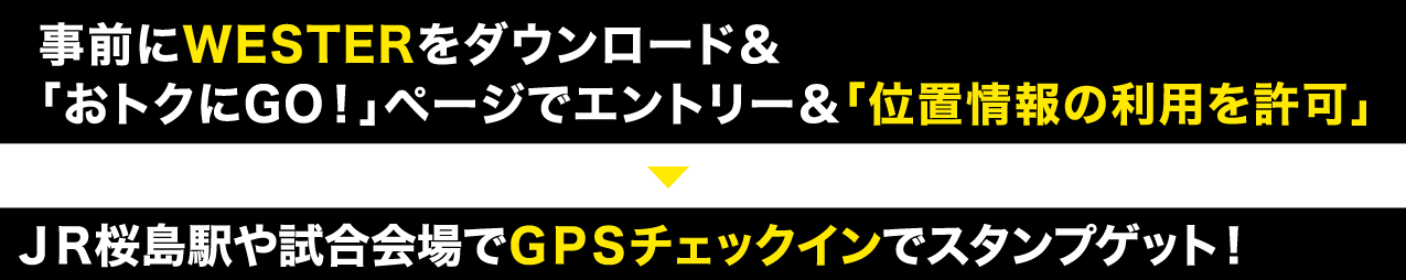 事前にWESTERをダウンロード＆「おトクにGO！」ページでエントリー＆「位置情報の利用を許可」各試合会場でGPSチェックインでスタンプゲット！