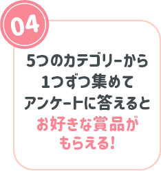 04：5つのカテゴリーから1つずつ集めてアンケートに答えるとお好きな賞品がもらえる!