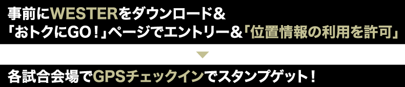 事前にWESTERをダウンロード＆「おトクにGO！」ページでエントリー＆「位置情報の利用を許可」各試合会場でGPSチェックインでスタンプゲット！