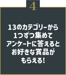 4　13のカテゴリーから1つずつ集めてアンケートに答えるとお好きな賞品がもらえる!