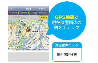 GPS�@�\�Ō��݈ʒu���ӂ̏h���`�F�b�N