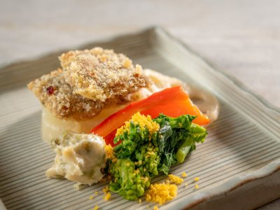 【土地の恵み会席】春（2026年3月～5月）揚物 牛カツ 香草揚げ 大根 菜の花 奥多摩の恵みタルタルソース