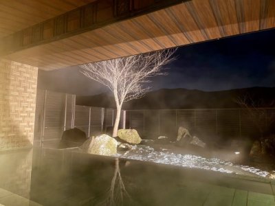 【露天風呂・夜】夜の露天風呂で非日常なひとときを。天気が良く日には星や月を眺めることもできます。