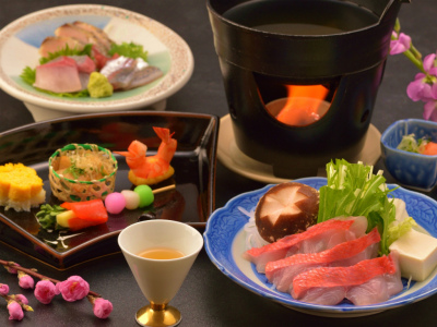 ご夕食イメージ（前菜、お造り、金目鯛しゃぶしゃぶ）