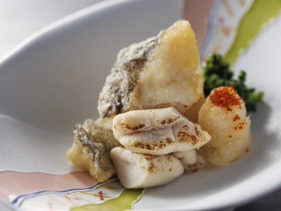 【土地の恵み会席】2025年冬　鱈唐揚げと焼き白子