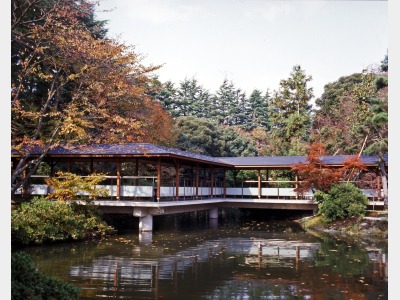 秋の庭園と渡り廊下