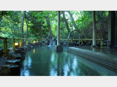 【男性用・露天風呂（花菖蒲）】六方石でしつらえた男性用の露天風呂イメージ