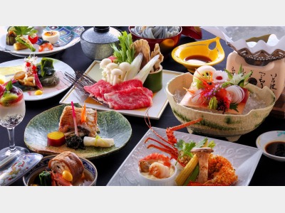 【グルメてんこ盛り会席第三弾イメージ】のど黒・伊勢海老・和牛・蒸し鮑・刺身5点・前菜7種