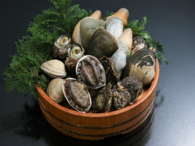 ◆夕食：島で獲れたばかりの貝は味が違います。