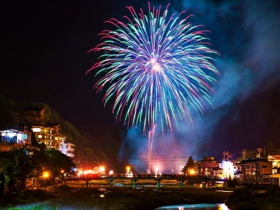 夏限定で花火が上がります。当館よりすぐ