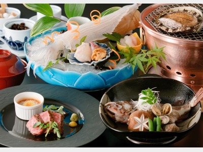 夕食/烏賊活造りと佐賀牛・鮑会席イメージ