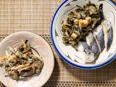 【朝食ビュッフェ（一例）】「もずくの天ぷら」「クーブイリチー」「焼き魚」