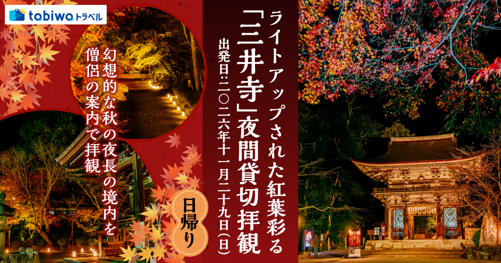 【2026年9月西の日】幻想的な秋の夜長の境内を僧侶の案内で拝観ライトアップされた紅葉彩る「三井寺」夜間貸切拝観　日帰り