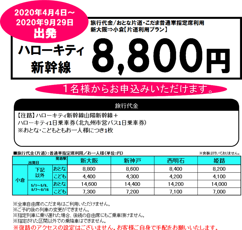 ハローキティ新幹線 小倉 片道利用プラン