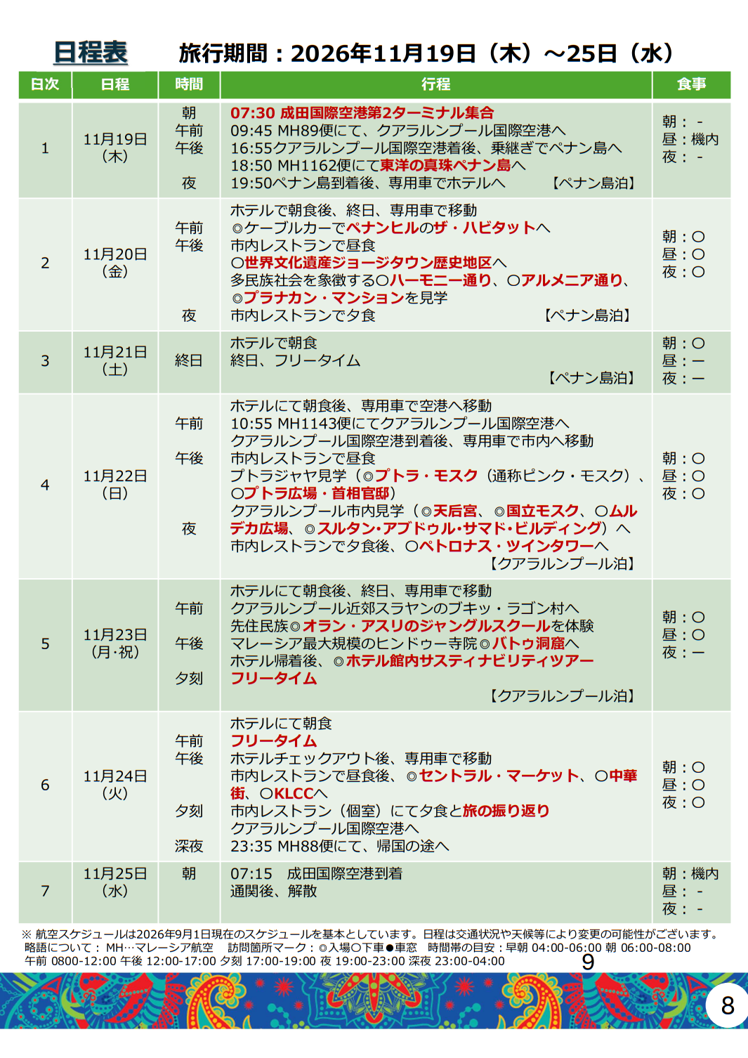 マレーシアで学ぶ親子旅2026 スケジュール